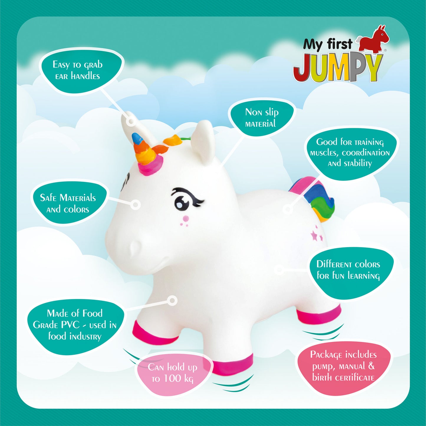 Gerrardo's Toys Jumpy Eenhoorn Skippybal - Wit-Roze - tot 100 kg