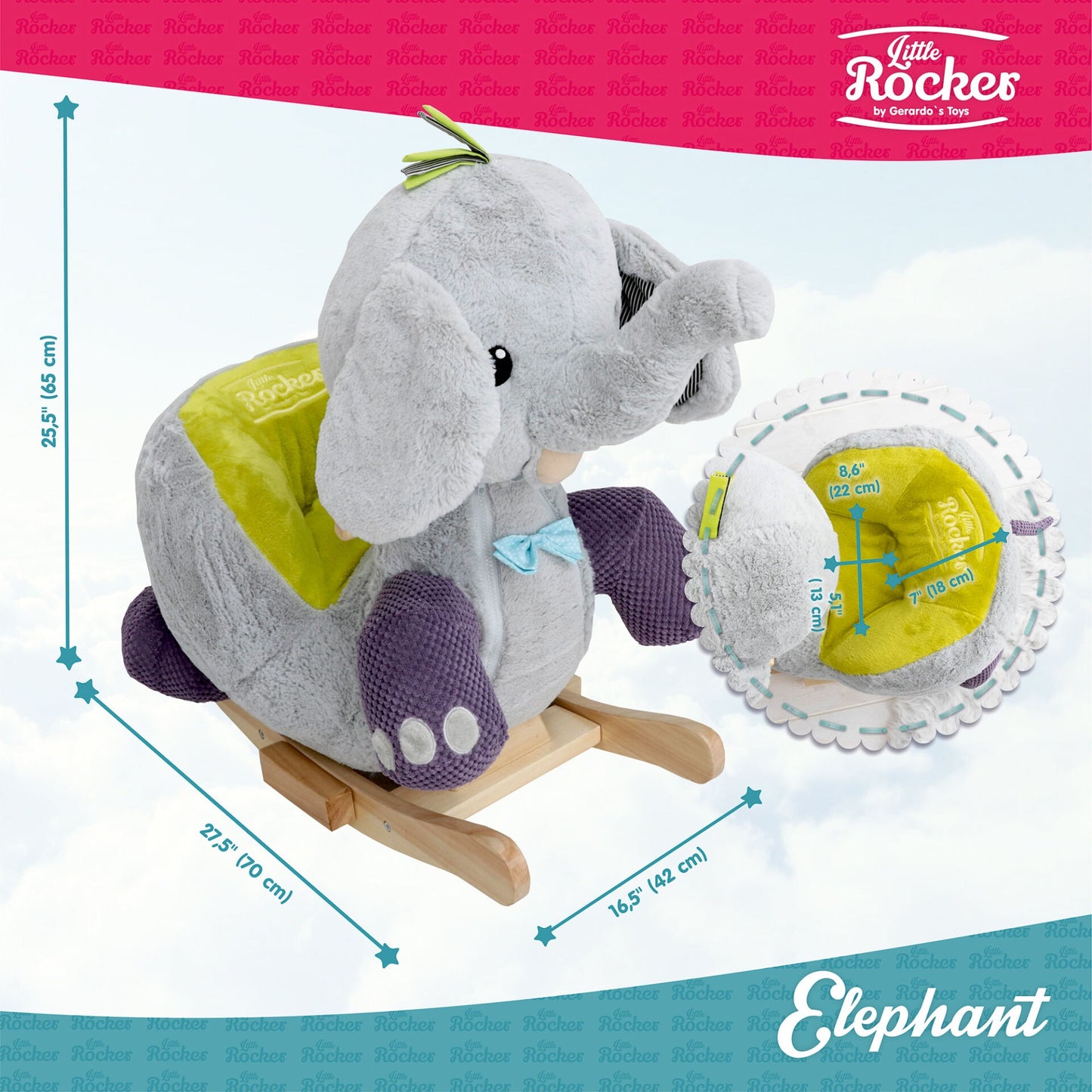 Gerrardo's Toys Little Rocker Olifant Hobbelpaard - met Muziek - tot 35 kg