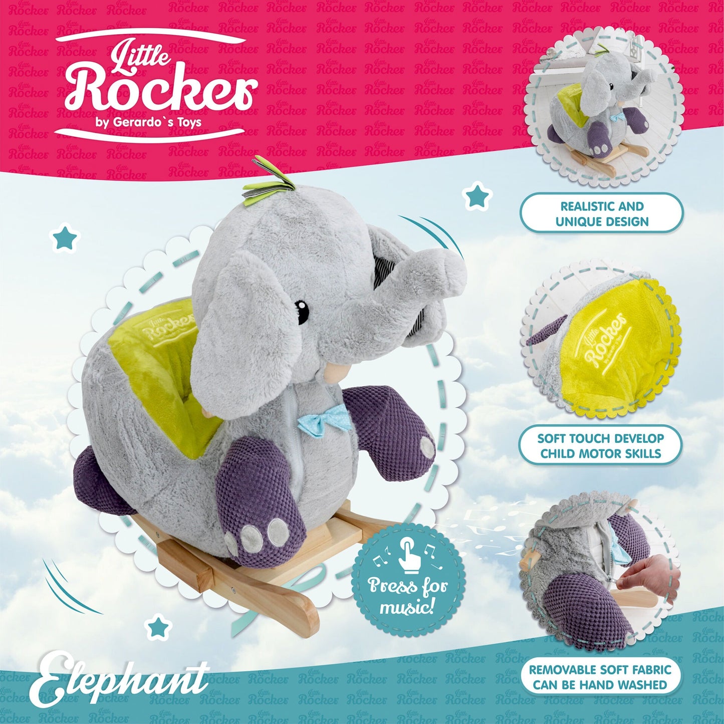 Gerrardo's Toys Little Rocker Olifant Hobbelpaard - met Muziek - tot 35 kg